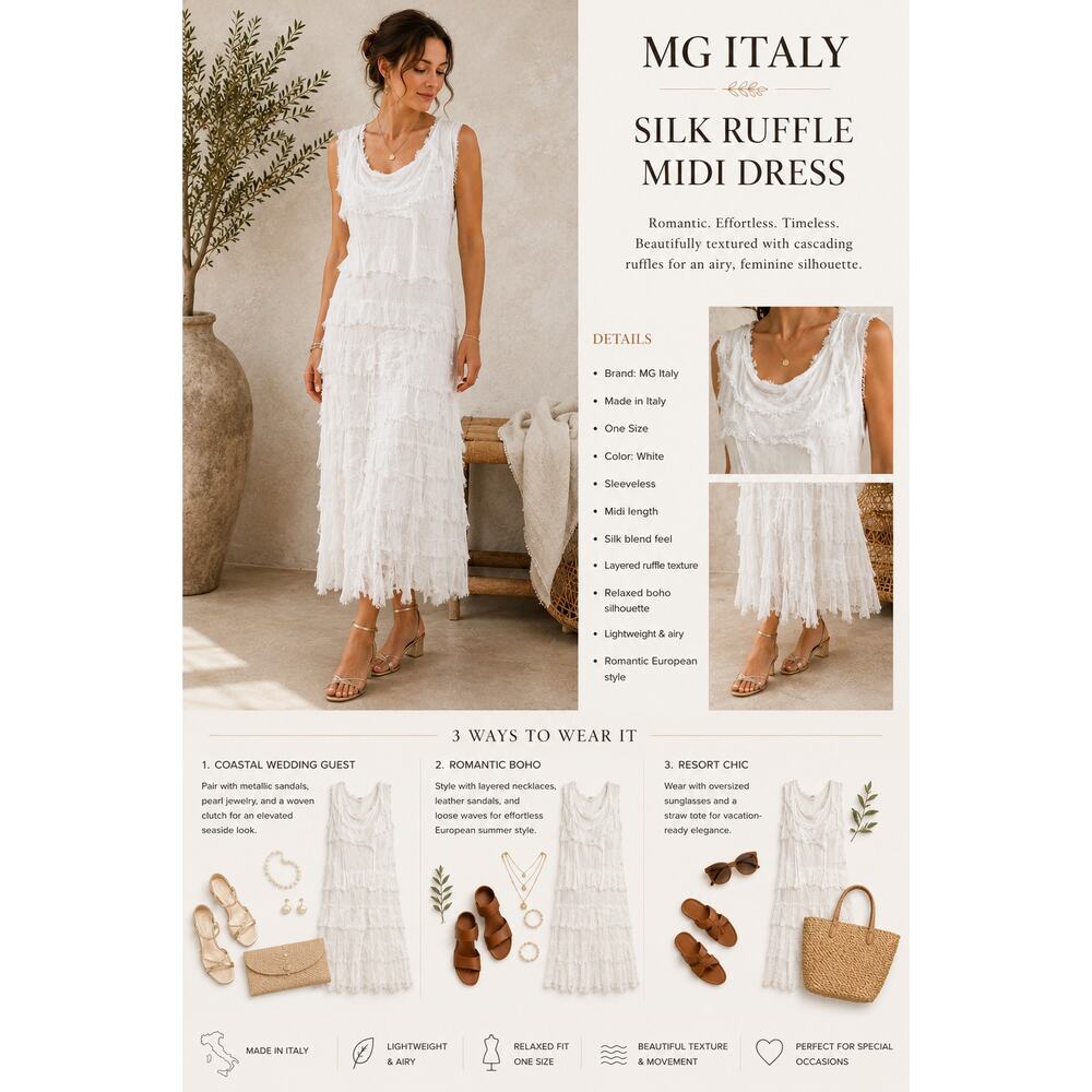 MG Silk Dress White Sleeveless Midi Ruffled Italy OS Spring Wedding Guest